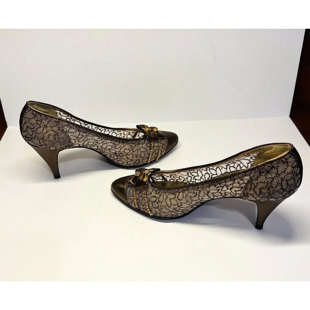 STUART WEITZMAN Womens Heels Shoes Size 6B Brown Guipure Lace Beaded Bow - Picture 3 of 13
